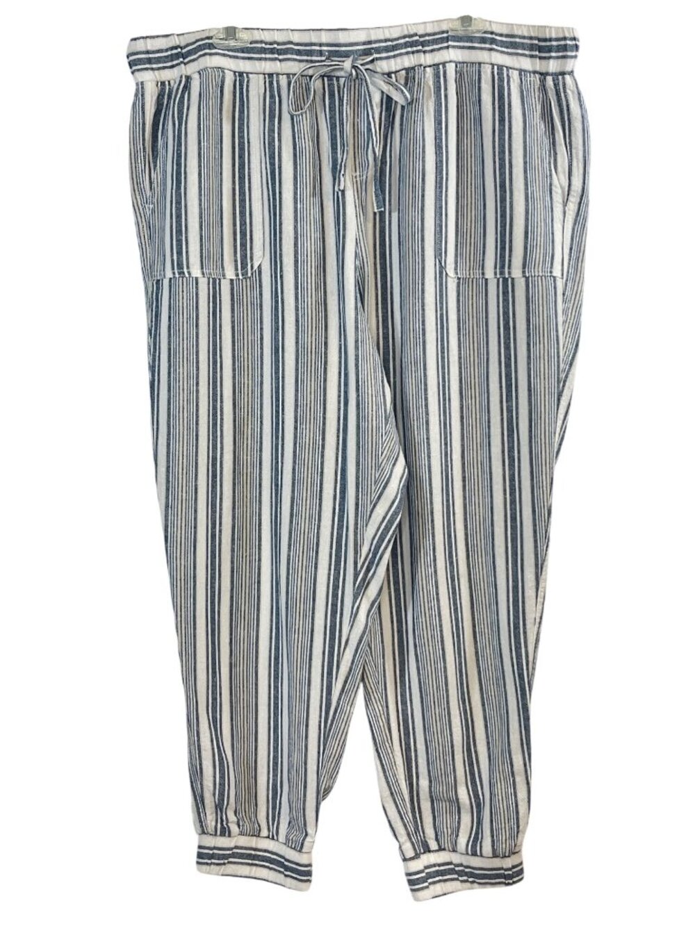 Per Se Women's XL Wide Leg Blue White Striped Linen-Blend Ankle Crop Pants